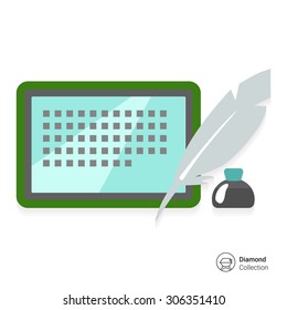 Icon of inkwell, quill and tablet computer