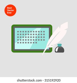 Icon of inkwell, quill and tablet computer