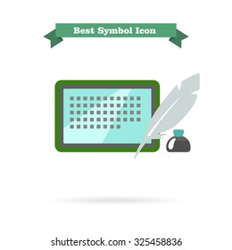 Icon of inkwell, quill and tablet computer