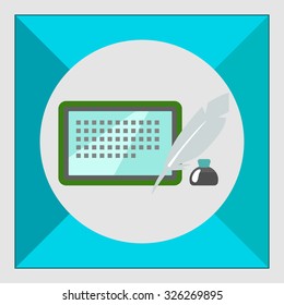 Icon of inkwell, quill and tablet computer