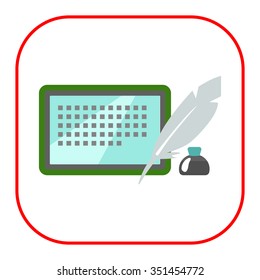 Icon of inkwell, quill and tablet computer