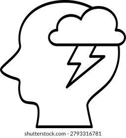 An icon of inner struggle, anxiety, or depression, featuring a silhouette of a human head with a cloud and lightning inside.