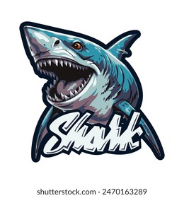 An icon with the inscription of a ferocious angry shark with an open mouth. Lettering and calligraphy. A template for the design of stickers and clothes. Isolated on a white background.