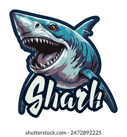 An icon with the inscription of a ferocious angry shark with an open mouth. Calligraphy and lettering. A template for the design of stickers and clothes. Stylized vector illustration.