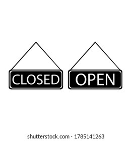 Icon inscription open, closed. Sign plate for the interface of stores, sites and applications. Vector graphic symbol. Baner on a rope.