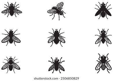 Icon of an insect fly silhouette. A black vector of a house fly on a white background. 