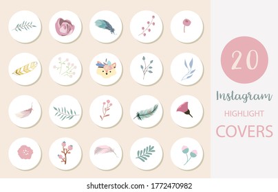 Icon Of Instagram Highlight Cover With Flower, Feather, Leaf For Social Media