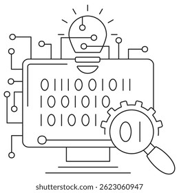 Icon of intelligent data analysis in AI with binary code, gear, magnifying glass, and light bulb on a computer screen. Vector pictogram with thin black lines on a transparent, line thickness editable