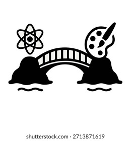 Icon "Interdisciplinary": A bridge connecting two islands with different symbols (science and art).