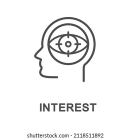 Icon – interest. Increased attention to something. Increased attention to something. In the drawing, the eye is focused on an attractive object. The thin contour lines.