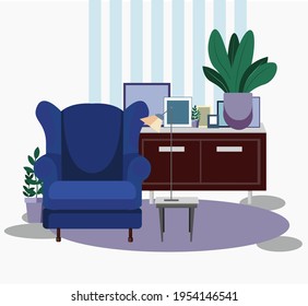 icon, interior, blue armchair on background, room, design