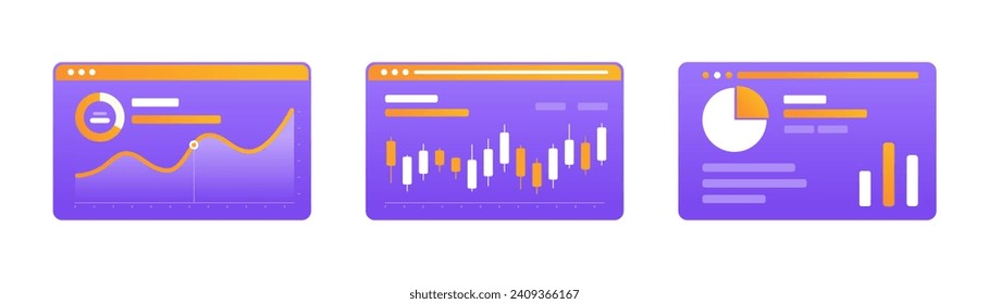 icon with investment dashboard website concept. pie chart and line chart icons, candlesticks, and financial reports. useful for UI design, social media design, posters and many others