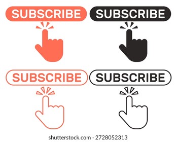 Symbol, das Sie einlädt, einen Kanal oder eine Seite in einem sozialen Netzwerk zu abonnieren. Blog online beitreten. Influencer empfohlen. Grafische Handklick. Schaltfläche "Interface-Abonnement". Vektor-Internet-Blog-Symbole setzen