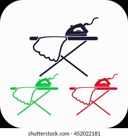Icon of iron and ironing board Illustration set. Blue, green, red icon.
