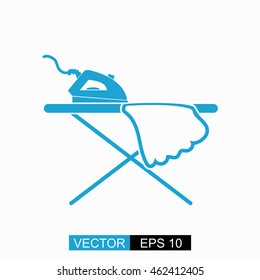 Icon of iron and ironing board vector. Isolated blue icon on white background.