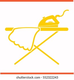 Icon of iron and ironing board vector yellow icon on white background. Icon of iron and ironing board symbol stock bitmap illustration. Business picture.