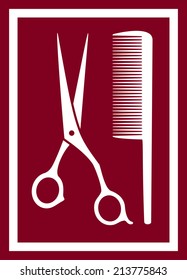 icon with isolated barber scissors and comb on pink background