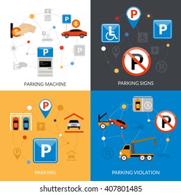 Icon isolated flat conceptual parking set with different aspects of parking process vector illustration