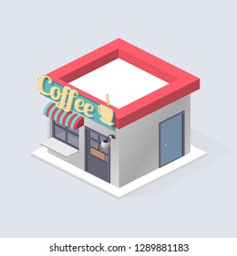 Icon with isometric cafe. Food street shop icon. Isometric coffee. Latte sign. 