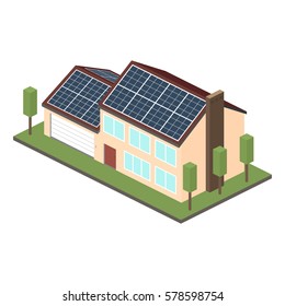 Icon isometric house with solar panels. Low poly.