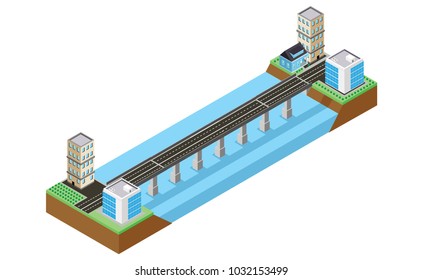 Icon isometric vector or infographic element on the bridge over the river, vector illustration