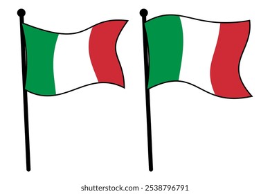 Ikone der italienischen Flagge auf Mini-Holzpfahl. Grüne, weiße und rote Streifen auf einem schwenkenden Fahnenmast, einzeln auf weißem Hintergrund, flacher Stil.