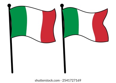 Ikone der italienischen Flagge auf Mini-Holzpfahl. Grüne, weiße und rote Streifen auf einem schwenkenden Fahnenmast, einzeln auf weißem Hintergrund, flacher Stil.