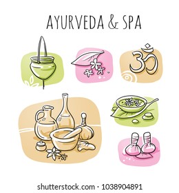 Icon item set ayurveda wellness, spa, with oil bottles, ingredients, water bowl, oil treatment. Hand drawn cartoon sketch vector illustration, marker style coloring  on tiles. 
