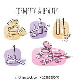 Icon item set cosmetic, beauty, with powder, eye shadow, brushes, mascara, lipstick. Hand drawn cartoon sketch vector illustration, marker style coloring on tiles. 