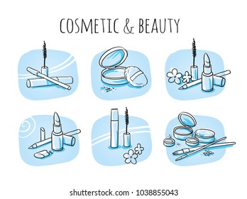 Icon item set cosmetic, beauty, with powder, eye shadow, brushes, mascara, lipstick. Hand drawn cartoon sketch vector illustration, marker style coloring on blue tiles. 