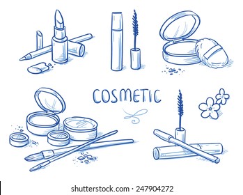 Icon item set cosmetic, beauty, with powder, eye shadow, brushes, mascara, lipstick. Hand drawn doodle vector illustration.