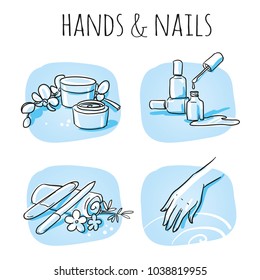 Icon item set manicure, cosmetic, beauty, with cream, nail polish, emery board, nail file. Hand drawn cartoon sketch vector illustration, marker style coloring on blue tiles. 