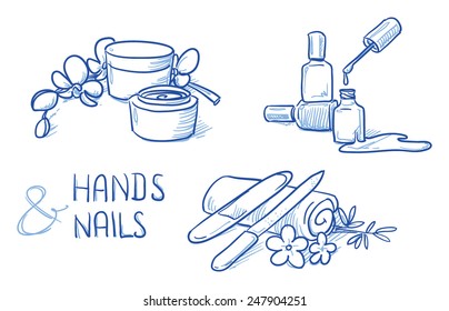 Icon item set manicure, cosmetic, beauty, with cream, nail polish, emery board, nail file. Hand drawn doodle vector illustration.