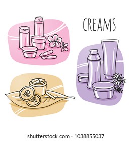 Icon item set skin care, cosmetic, beauty, with bottles and tubes of cream, moisturizing ampules, flowers and leafs. Hand drawn cartoon sketch vector illustration, marker style coloring on tiles.  