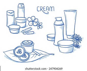 Icon item set skin care, cosmetic, beauty, with different bottles and tubes of cream, moisturizing, ampules, flowers and leafs. Hand drawn doodle vector illustration.