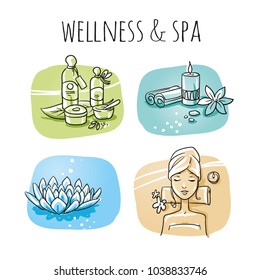 Icon item set wellness, spa, with relaxing woman, lotus flower, candle, cream and oil bottles, leafs and flowers. Hand drawn doodle vector illustration on tiles.