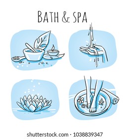 Icon item set wellness, spa, with foot bath, treatment cream and salt, lotus flower, hand and water. Hand drawn cartoon sketch vector illustration, marker style coloring on blue tiles. 