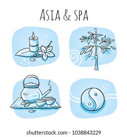 Icon item set wellness, spa, meditation, with lotus flower, candle, tea, bamboo, yin yang, leafs and flowers. Hand drawn cartoon sketch vector illustration, marker style coloring on blue tiles.