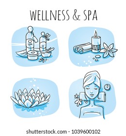 Icon item set wellness, spa, with relaxing woman, lotus flower, candle, cream and oil bottles, leafs and flowers. Hand drawn cartoon sketch vector illustration, marker style coloring on blue tiles.