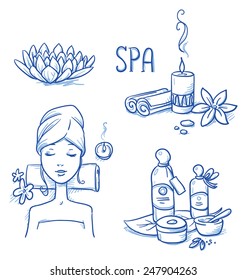 Icon item set wellness, spa, with relaxing woman, lotus flower, candle, cream and oil bottles, leafs and flowers. Hand drawn doodle vector illustration.