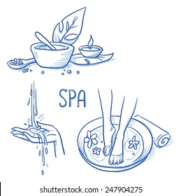 Icon item set wellness, spa, with foot bath, treatment cream and salt, leafs, candle, hand and water. Hand drawn doodle vector illustration.