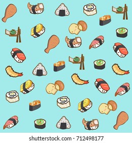 Icon of japan food and sushi in cartoon style on blue background for background or wallpaper.