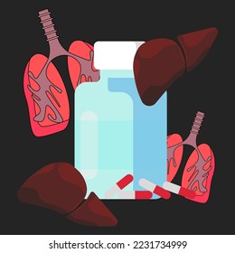 icon jars with pills on the background of human organs