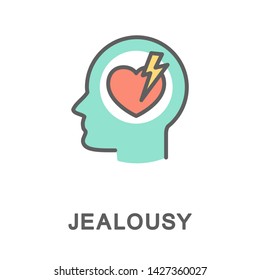 Icon jealousy. Jealousy is like a lightning strike in a person's heart. The thin contour lines with color fills.