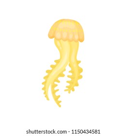 Icon of jellyfish. Bright yellow marine animal with long tentacles. Sea creature. Flat vector for children book or mobile game