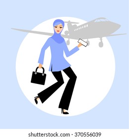 icon of jet set muslim woman with private jet background