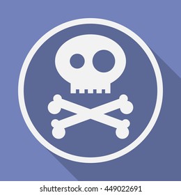 Icon of Jolly Roger symbol. Pirate, filibuster, corsair sign of crossed bones or crossbones and skull. Vector emblem