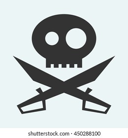 Icon of Jolly Roger symbol. Pirate, filibuster, corsair sign of crossed sabers or swords and skull. Vector emblem