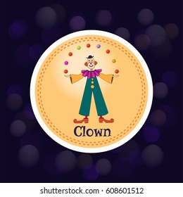 Icon with a juggling clown on a dark background . Vector illustration.