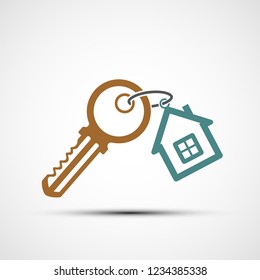 Icon key with keychain as a house. Logo of real estate. Vector illustration.